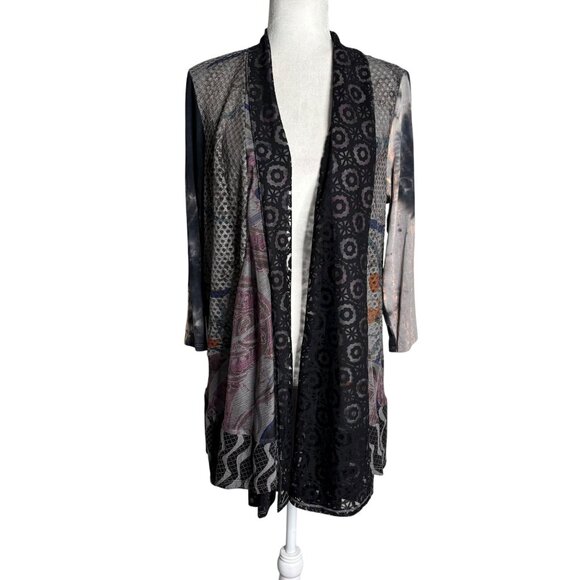 Ali Miles Mixed Media Open Front Cardigan Large Rayon Blend Multicolor Duster - Picture 1 of 9